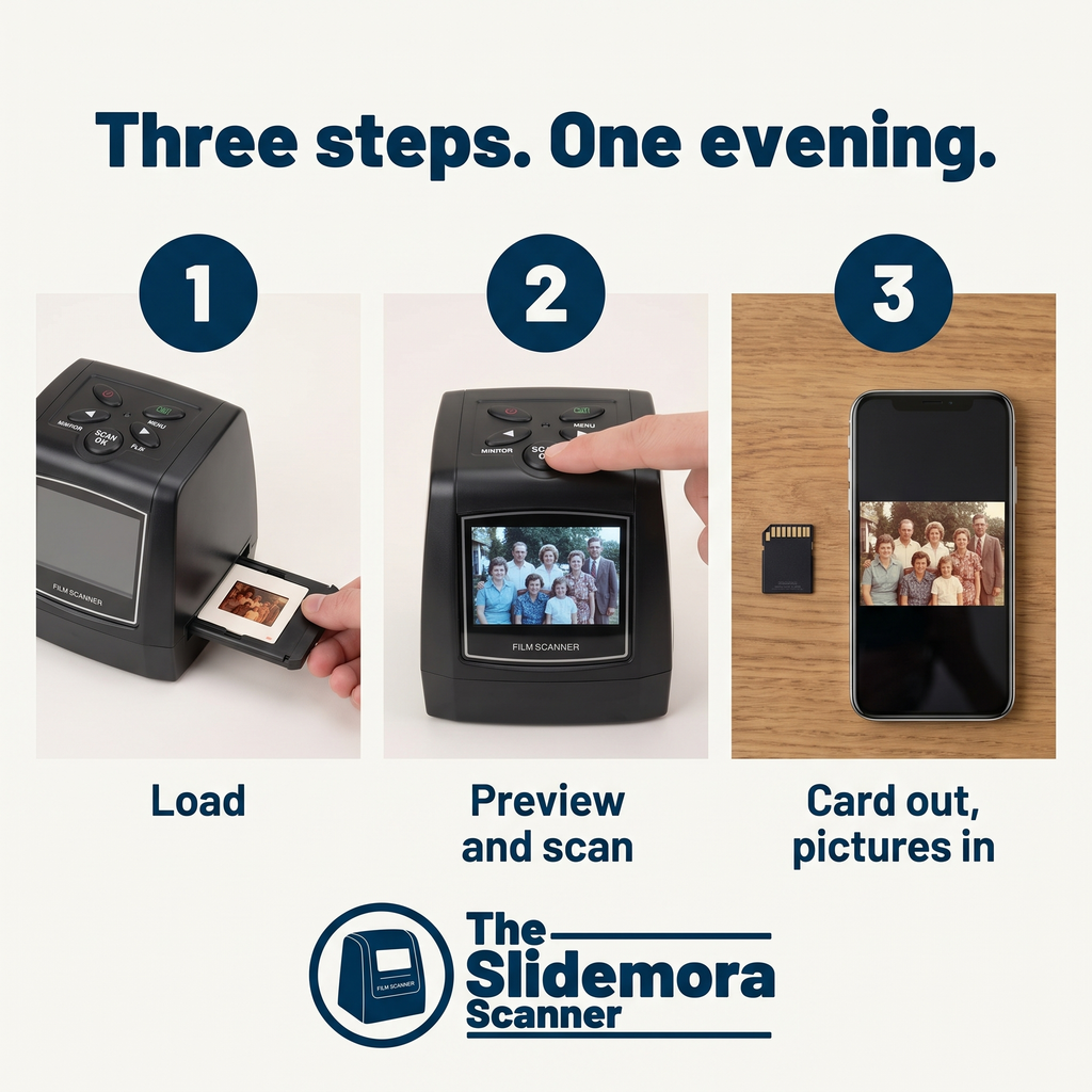Three steps: load, preview and scan, card out