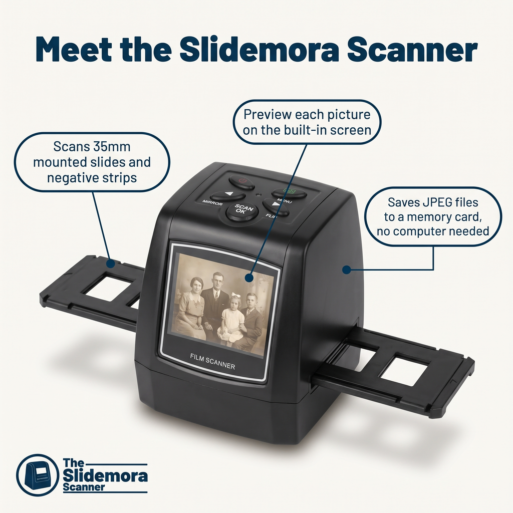 Meet the Slidemora Scanner: scans 35mm slides and negatives, built-in preview screen, saves to memory card