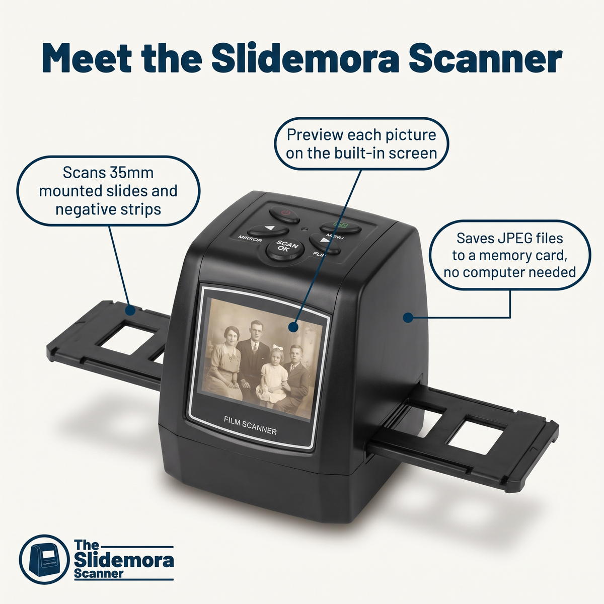 Meet the Slidemora Scanner: scans 35mm slides and negatives, built-in preview screen, saves to memory card