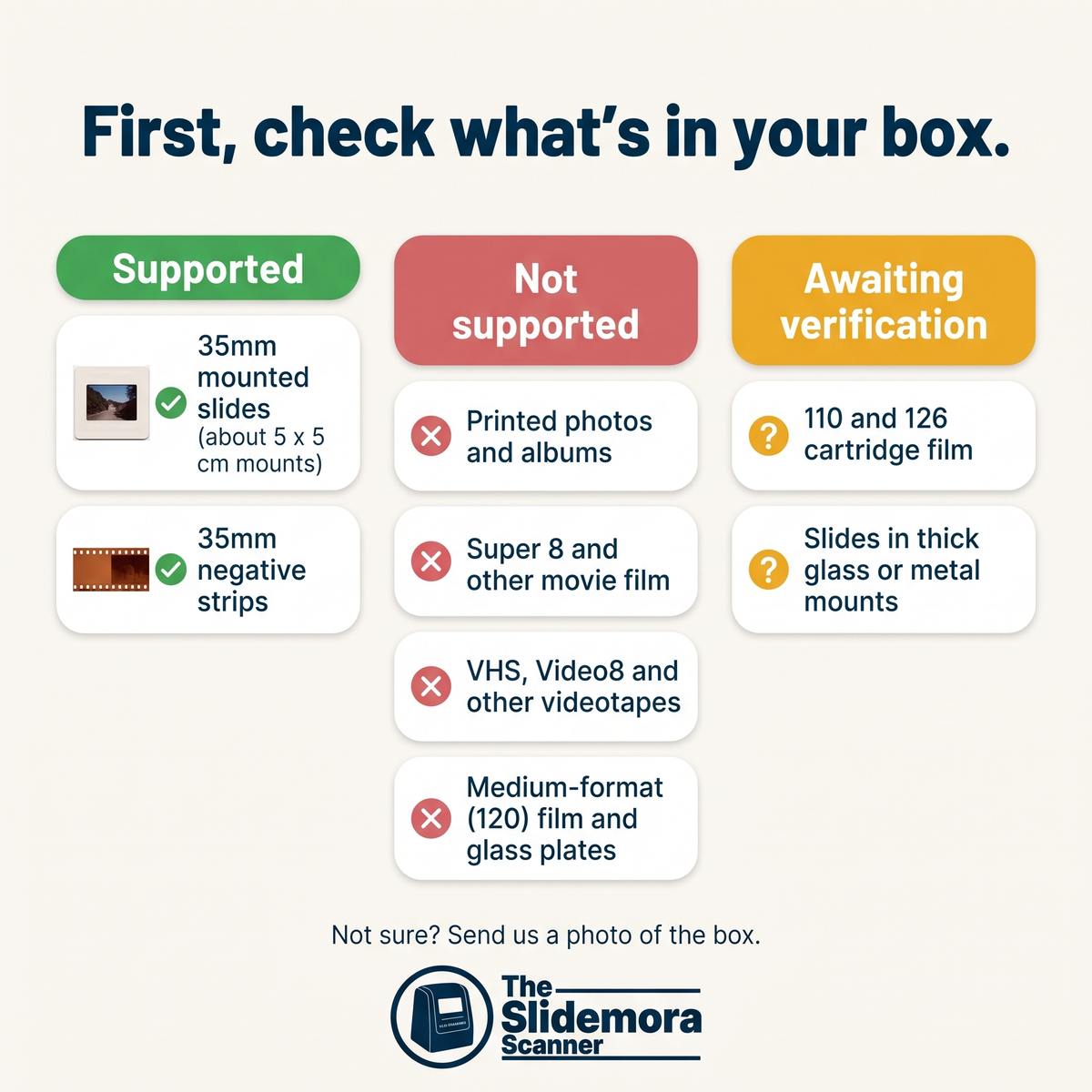 What fits: 35mm mounted slides and negative strips supported; prints, movie film, videotapes and 120 film not supported; 110/126 film and thick mounts awaiting verification