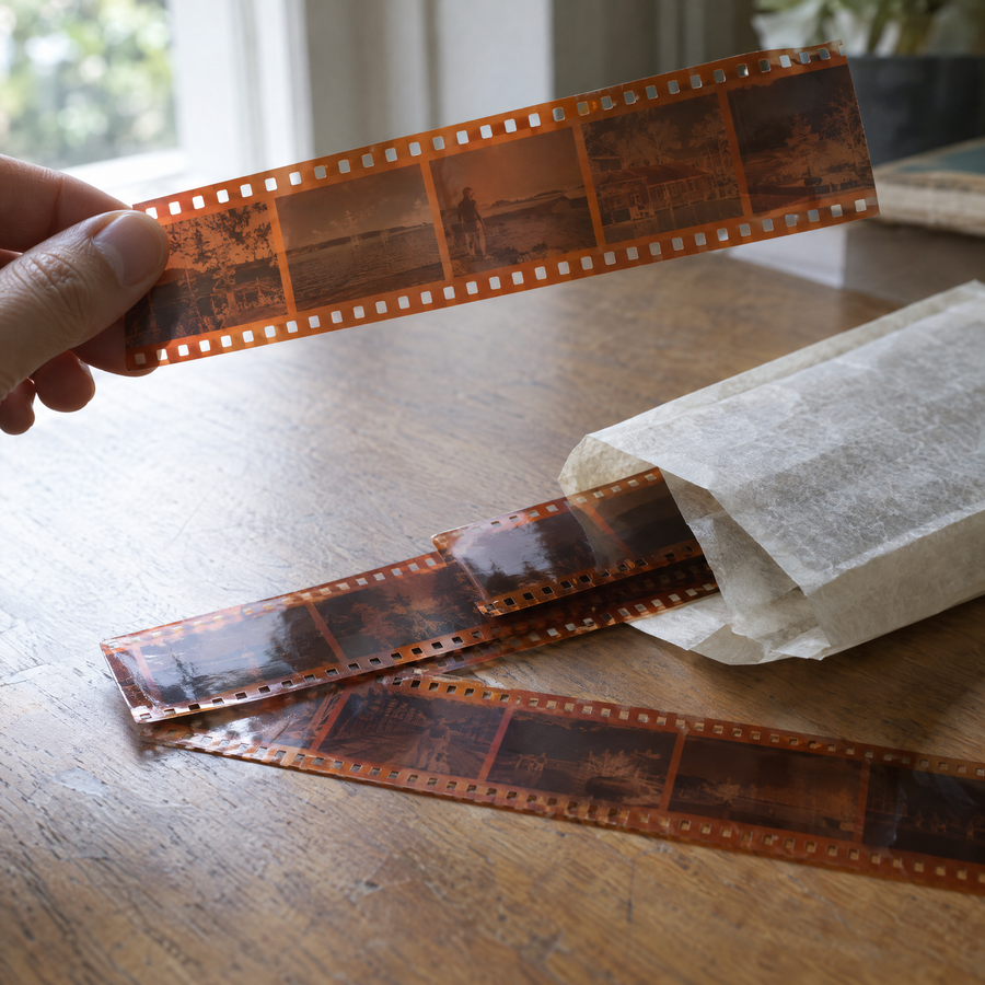 A strip of 35mm negatives half out of a paper sleeve