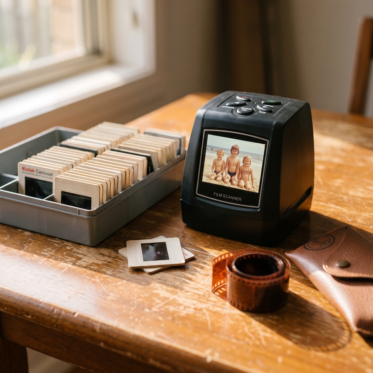 Slidemora scanner on a dining table beside a carousel of 35mm slides