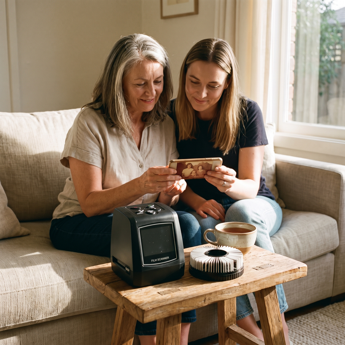 Mother and daughter looking at a scanned family photo on a phone