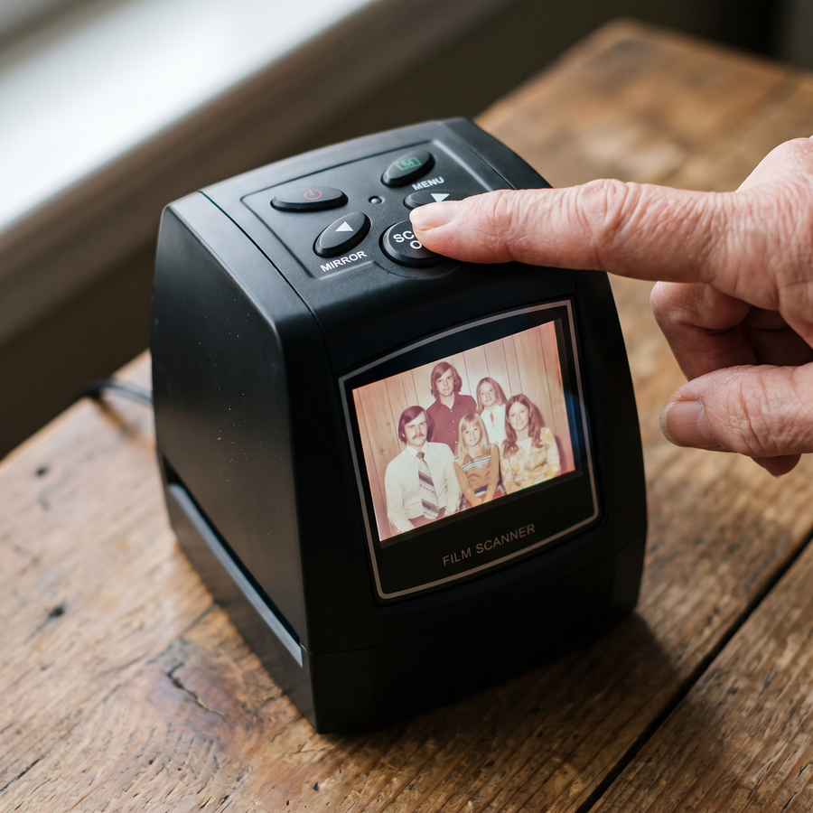 The scanner's screen showing a slide preview