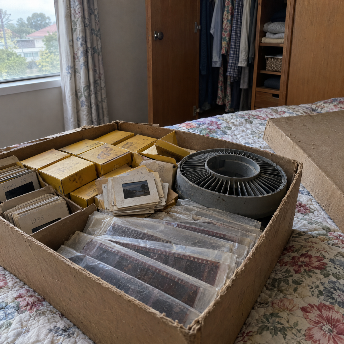 A box of old 35mm slides, negatives and a carousel taken from a wardrobe